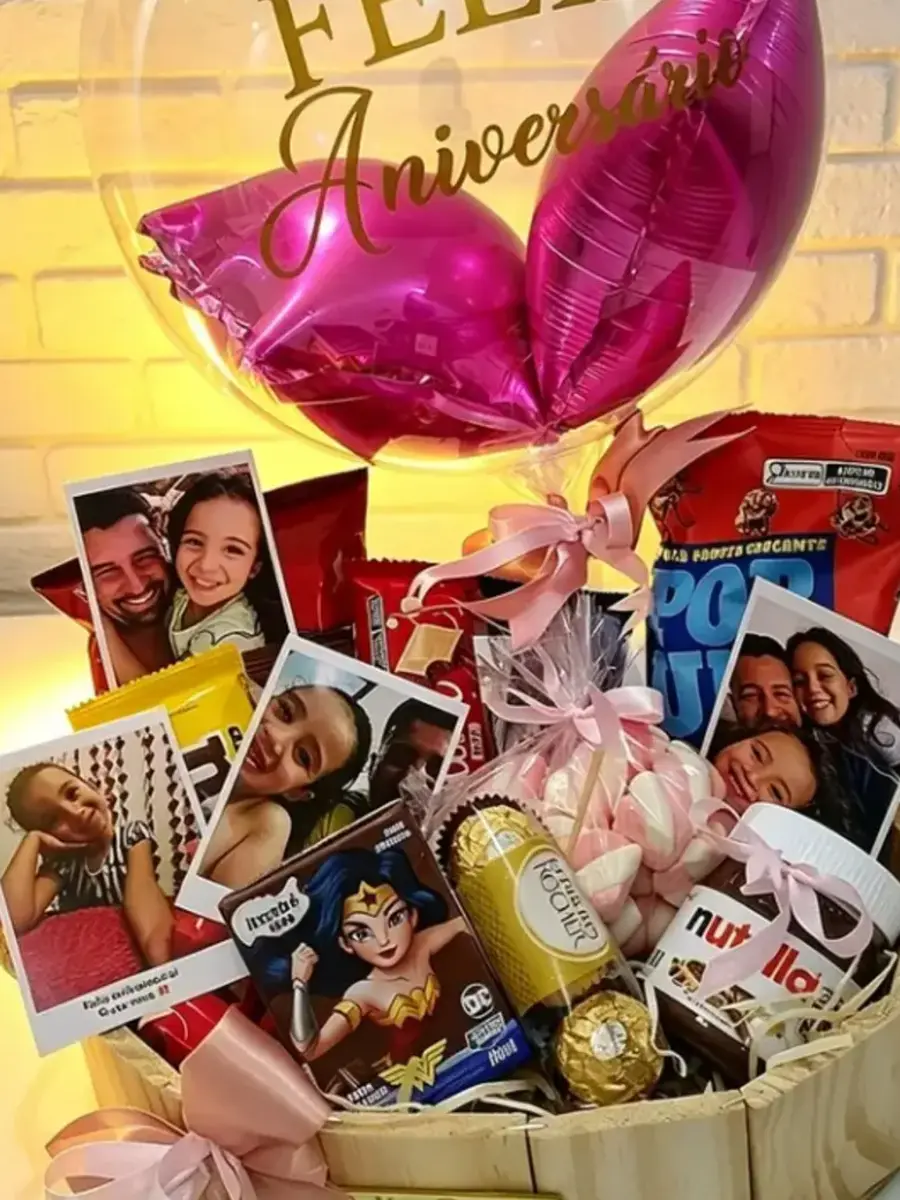 Cesta de aniversário personalizada com fotos e chocolates